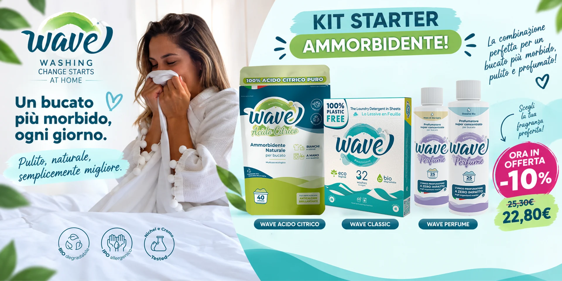 Starter Kit Ammorbidente: Wave Acido Citrico, Wave Classic e Wave Perfume.